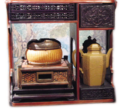 紫檀竹皮包鑲手提式茶 及茶爐和六方壺 清乾隆